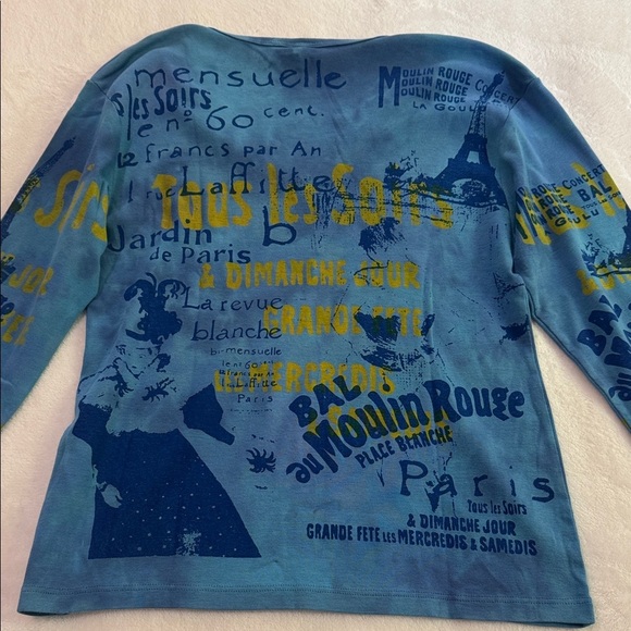 Glima Blue & Yellow Moulin Rouge Graphic  Print V-Neck 3/4 Sleeve Cotton Top - Picture 11 of 12